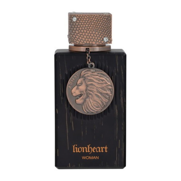 Perfume Lionheart Woman de Armaf – Eau de Parfum femenino elegante y poderoso con notas de ámbar, vainilla y flores orientales, presentado en frasco negro con medallón de león dorado.