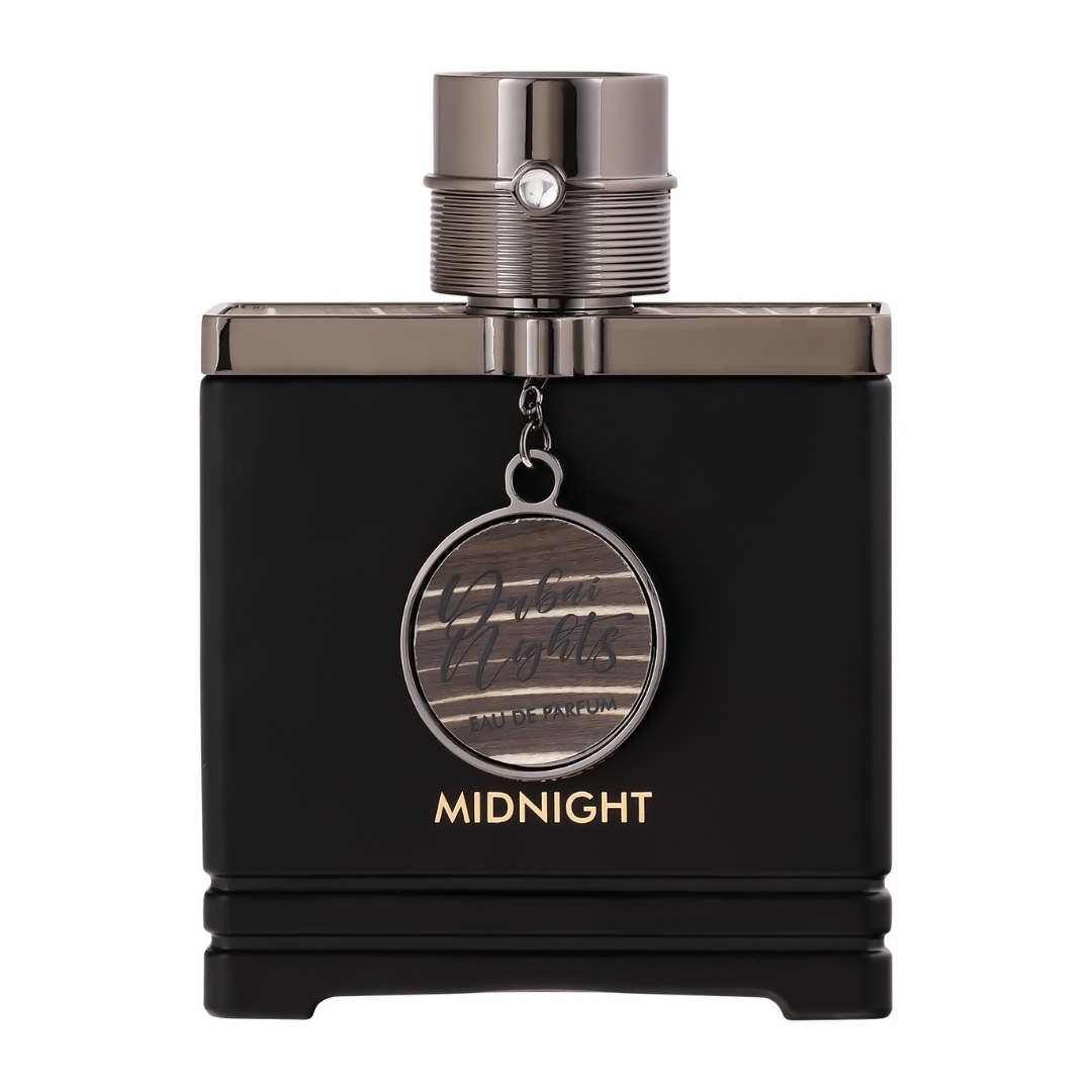 Perfume Dubai Nights Midnight Eau de Parfum – fragancia unisex intensa y seductora con notas orientales y amaderadas, en frasco negro mate con detalles metálicos de lujo