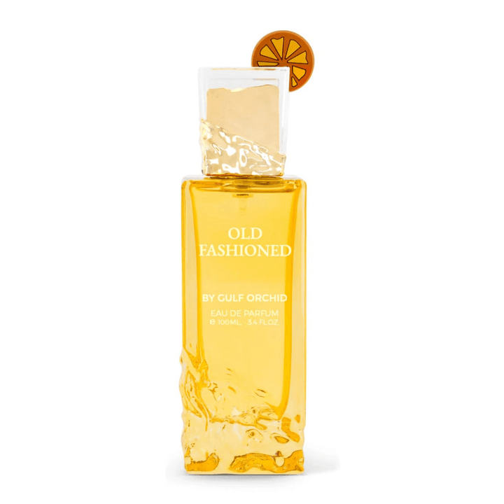 Perfume masculino Old Fashioned by Gulf Orchid, eau de parfum premium en frasco dorado con detalle de naranja elegante.
