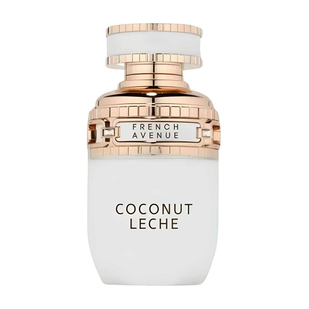 Perfume Coconut Leche Eau de Parfum French Avenue – fragancia unisex cremosa y tropical con notas de coco, vainilla y flores blancas, en elegante frasco blanco y dorado.