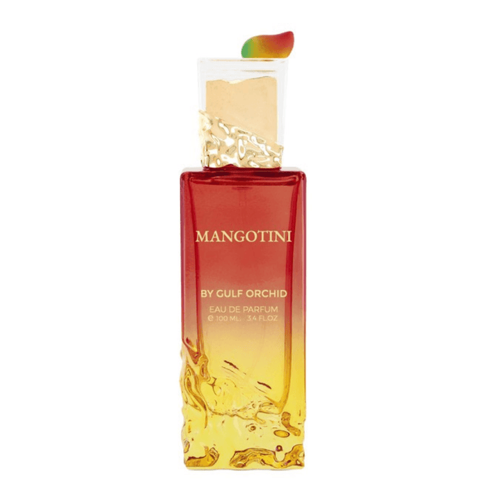 Perfume femenino Mangotini by Gulf Orchid, eau de parfum tropical premium en frasco degradado rojo y amarillo con detalle de mango elegante.