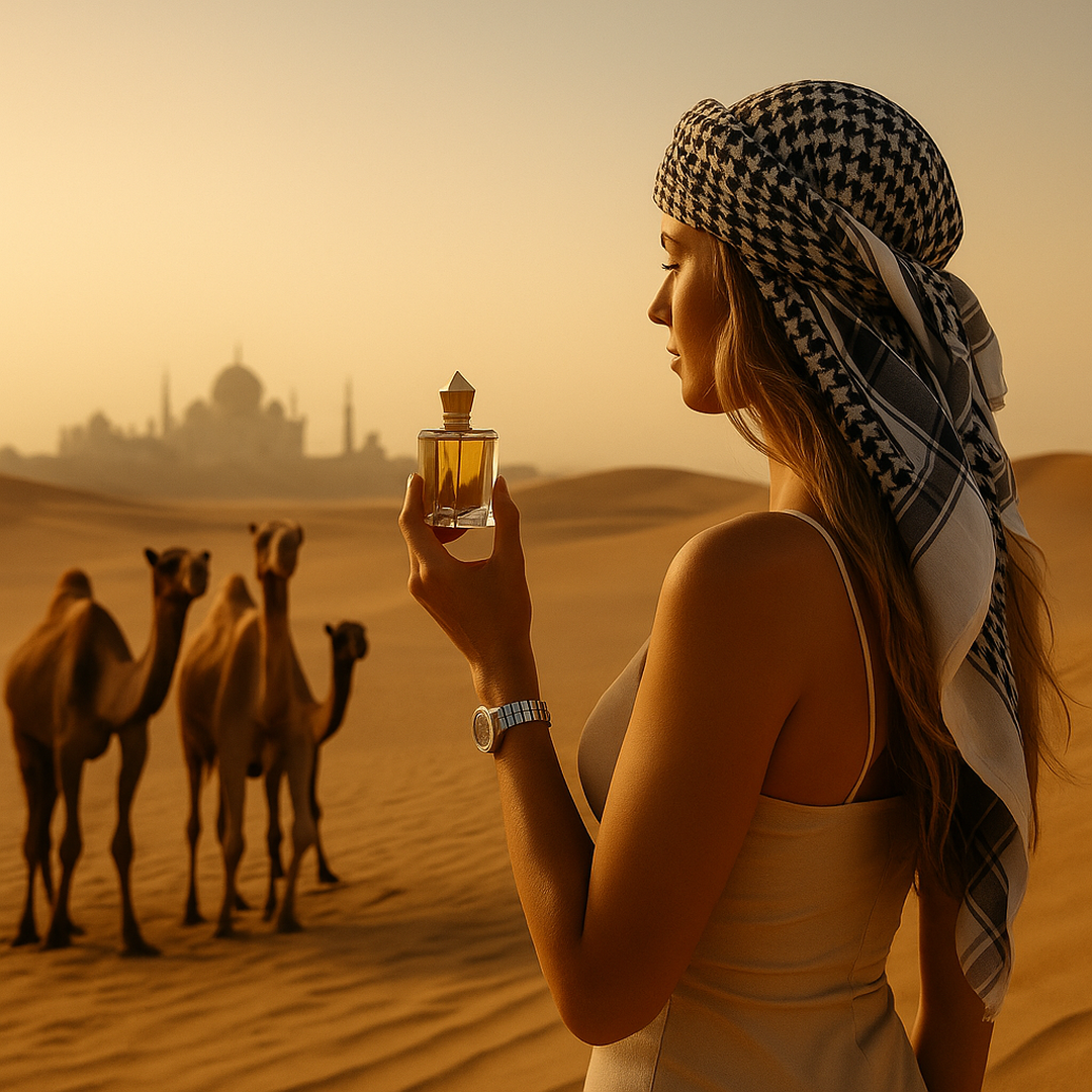 Mujer con un frasco de perfume en el desierto, reflejando la fragancia Paris Corner de verano, con notas cítricas y orientales, ideal para días cálidos.