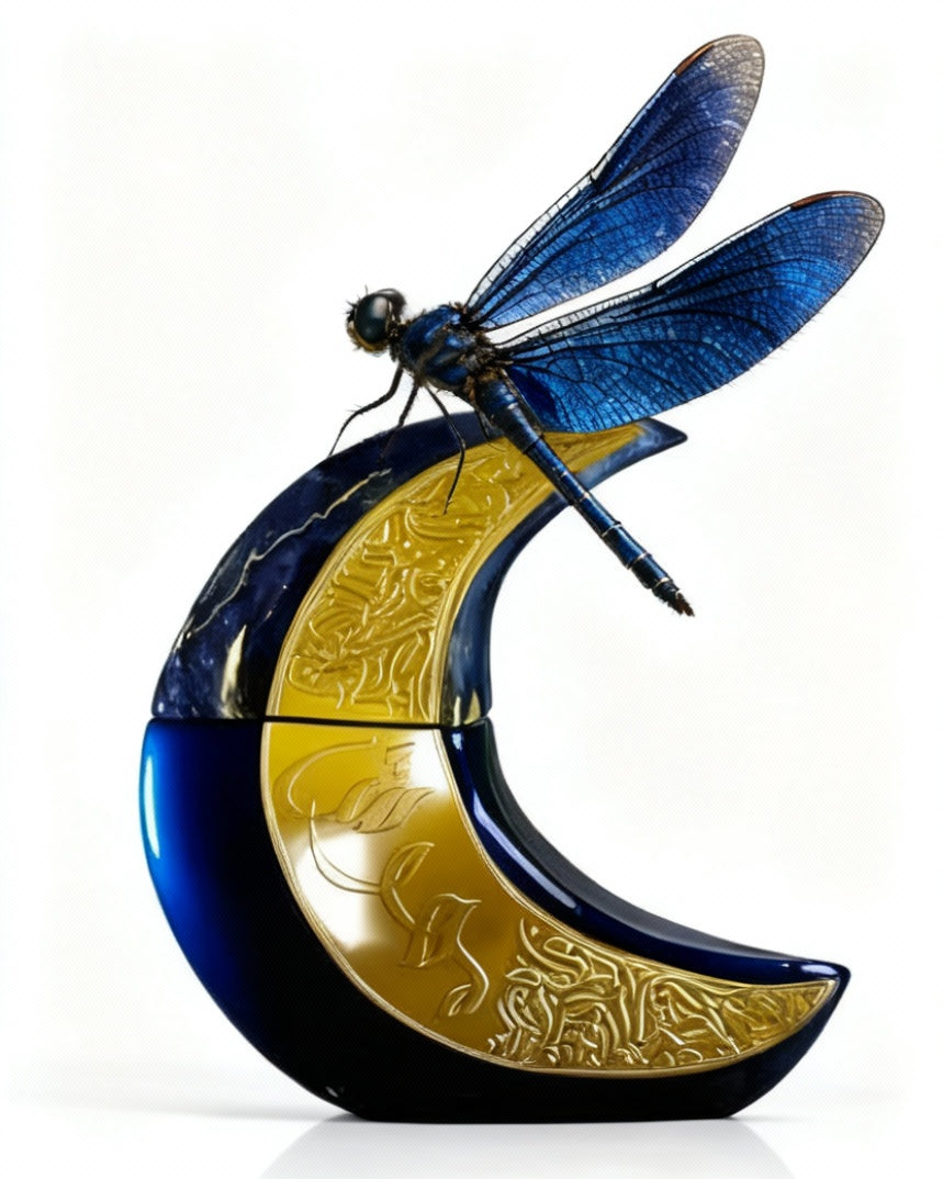 Frasco de perfume artístico azul y dorado con forma abstracta y libélula decorativa