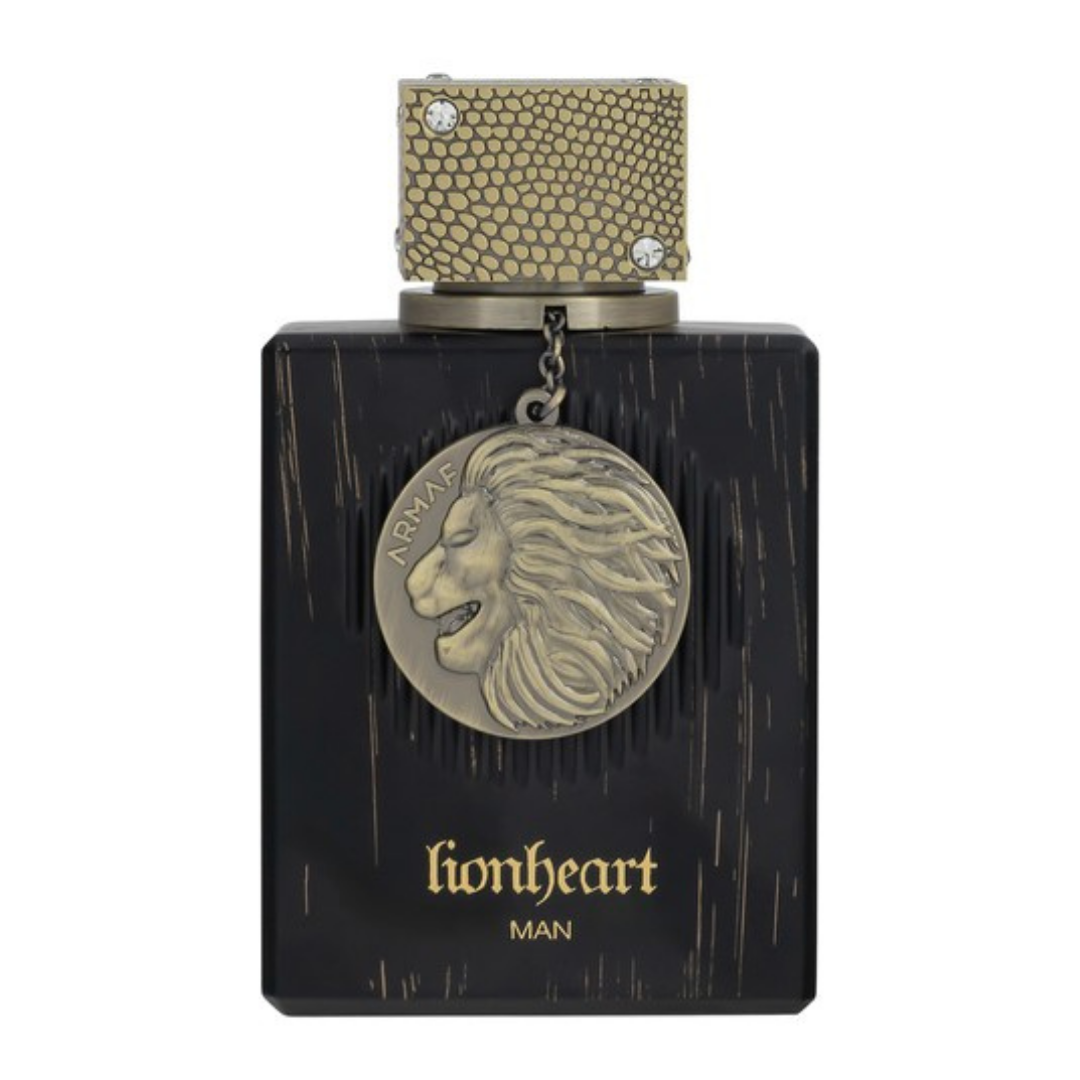 Perfume Lionheart Man de Armaf – Eau de Parfum masculino intenso con notas de cuero, ámbar y especias, en frasco negro con medallón metálico de león dorado