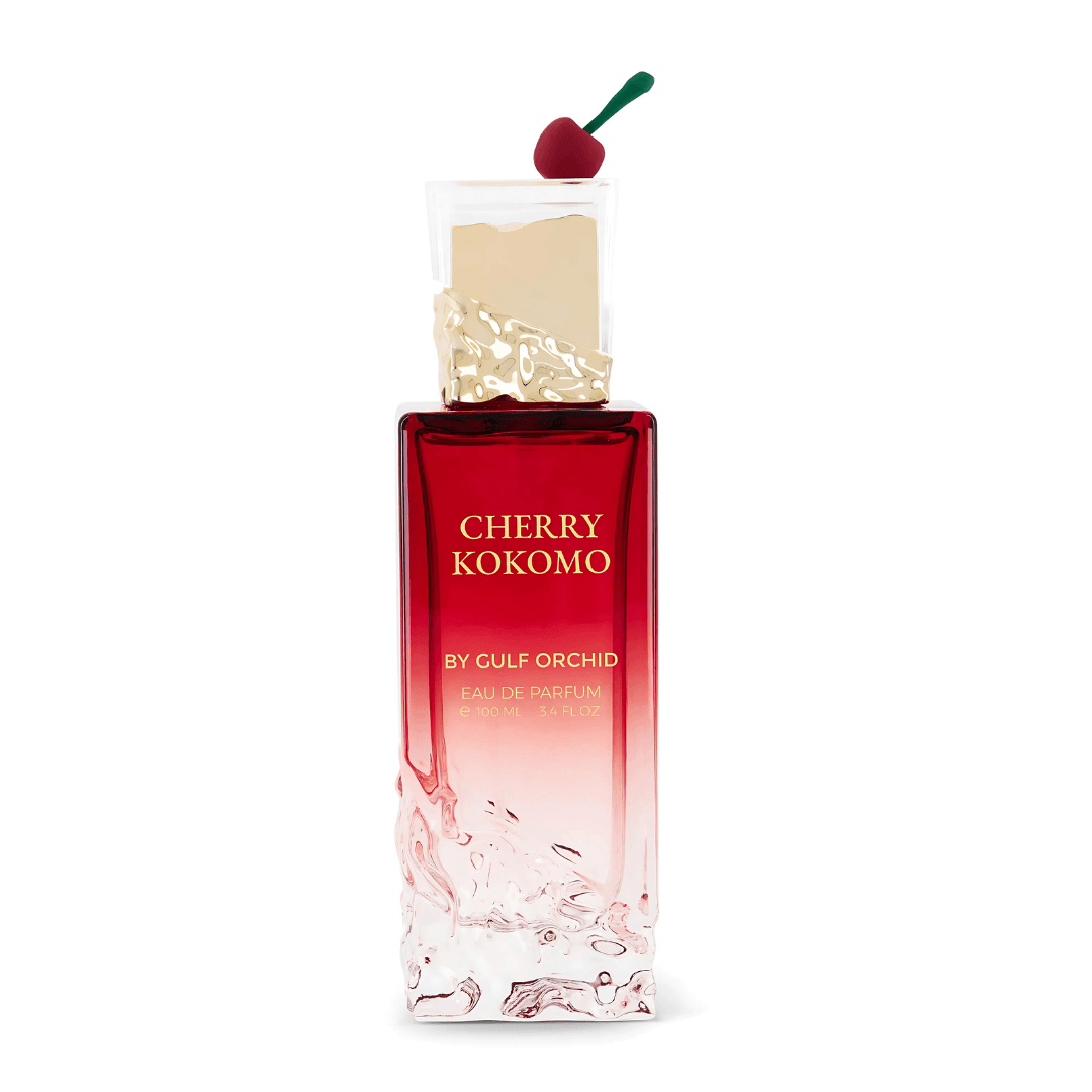 Perfume unisex Cherry Kokomo by Gulf Orchid, eau de parfum exclusivo en frasco degradado rojo con detalle de cereza elegante.