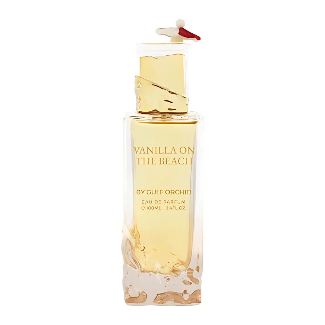 Perfume femenino Vanilla on the Beach by Gulf Orchid, eau de parfum premium en frasco dorado elegante inspirado en la vainilla