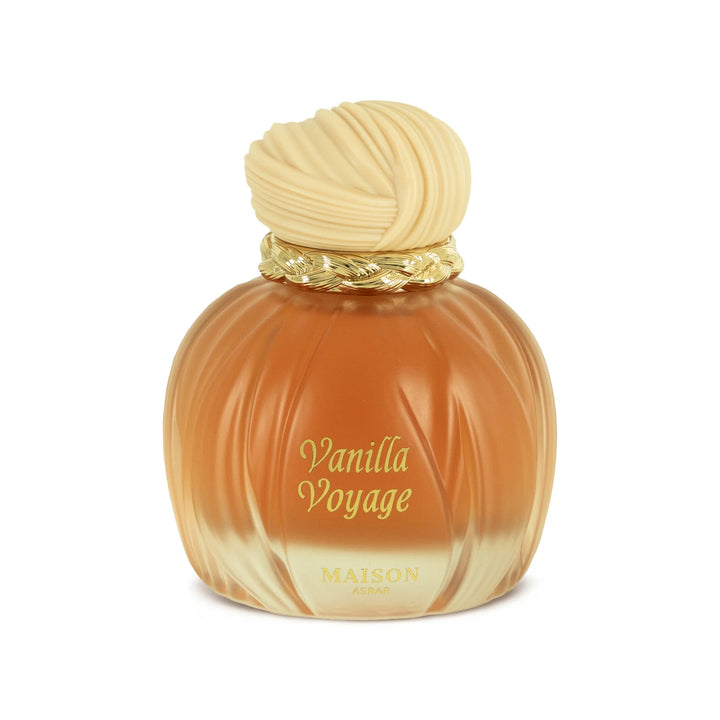 Frasco del perfume Vanilla Voyage de Maison Asrar en color ámbar con tapón decorativo sobre fondo claro