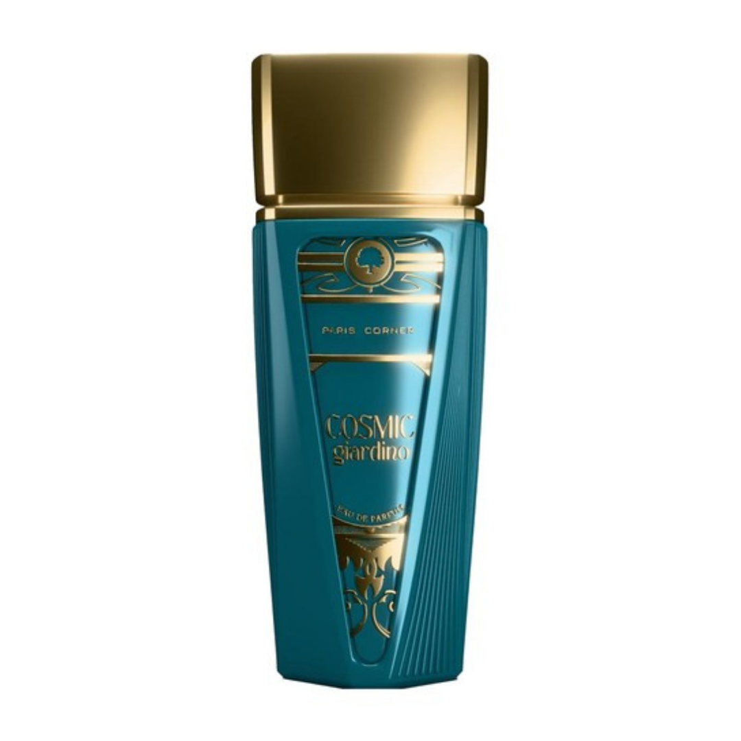 Perfume Cosmic Giardino Eau de Parfum by Paris Corner — fragancia unisex inspirada en la naturaleza cósmica, con notas verdes, cítricas y amaderadas, presentada en frasco turquesa y dorado.