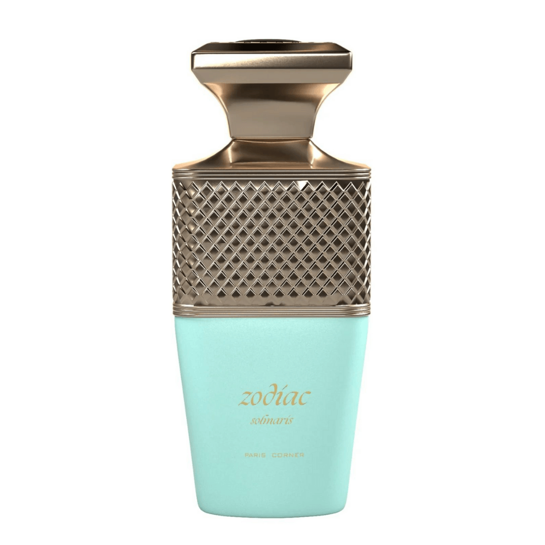 Perfume unisex Zodiac Soinaris by Paris Corner, eau de parfum exclusivo en frasco turquesa con tapa metálica dorada de diseño elegante