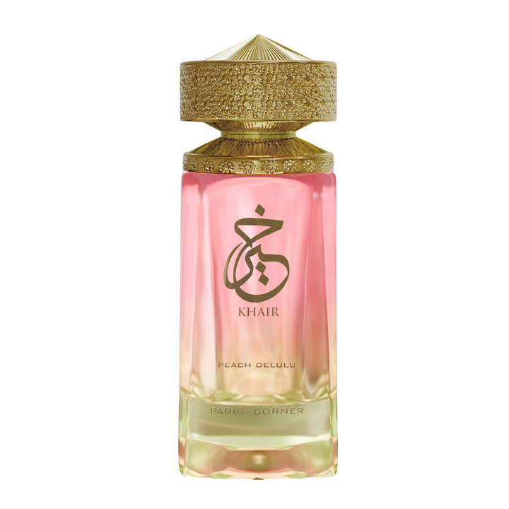 Eau de parfum para mujer Khair Peach Delulu, frasco degradado rosa y dorado con tapa grabada exclusiva