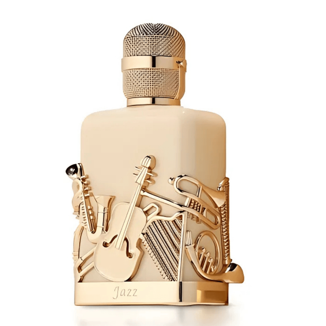 Perfume unisex Jazz, eau de parfum exclusivo en frasco beige con adornos dorados de instrumentos musicales y tapa elegante