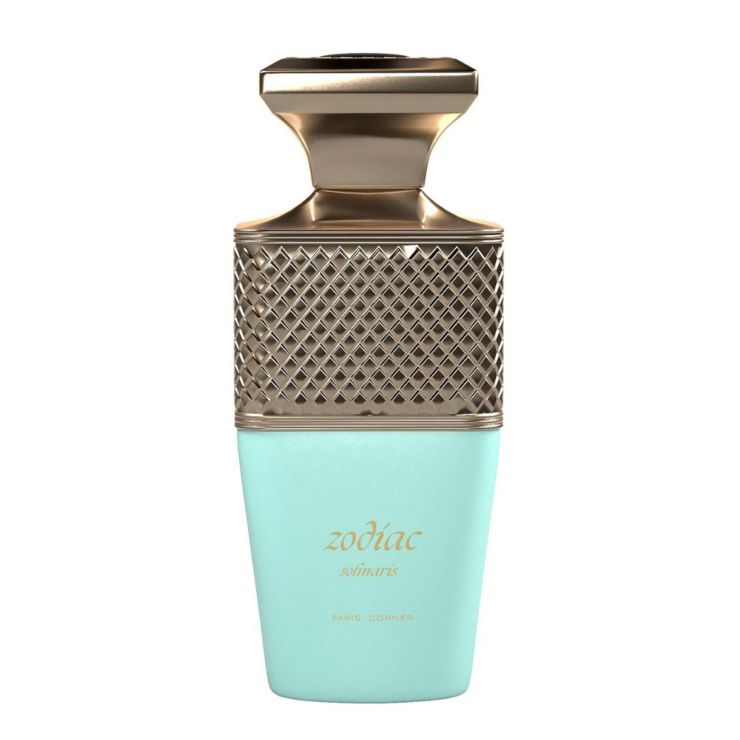 Perfume unisex Zodiac Soinaris by Paris Corner, eau de parfum exclusivo en frasco turquesa con tapa metálica dorada de diseño elegante