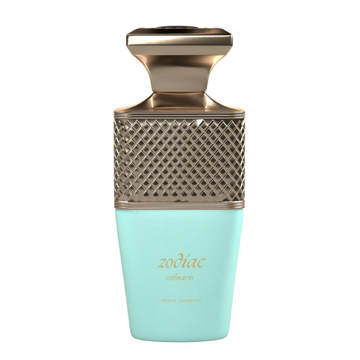 Perfume unisex Zodiac Soinaris by Paris Corner, eau de parfum exclusivo en frasco turquesa con tapa metálica dorada de diseño elegante