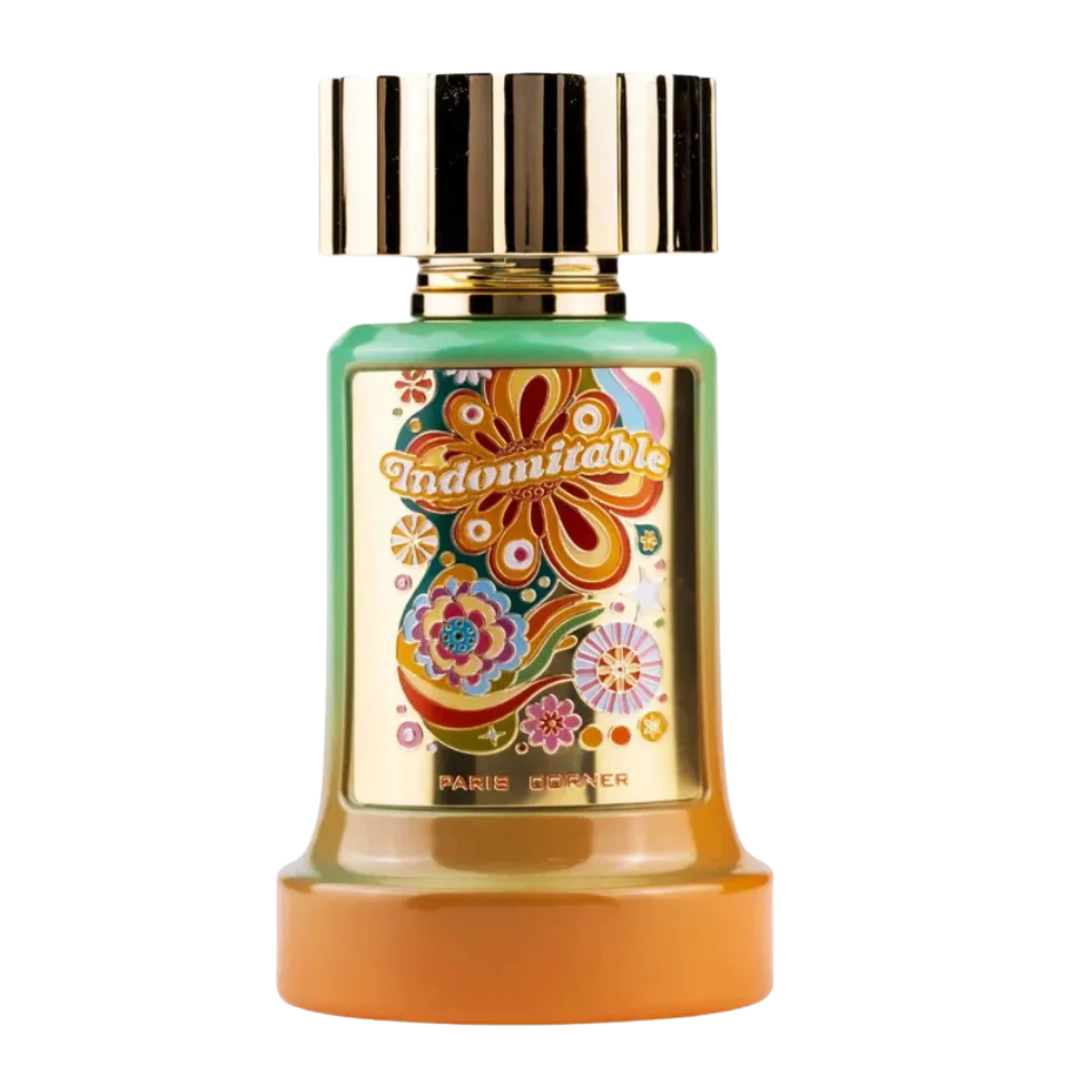 Perfume unisex Indomitable by Paris Corner, eau de parfum exclusivo en frasco colorido con diseño floral artístico y tapa dorada de lujo.