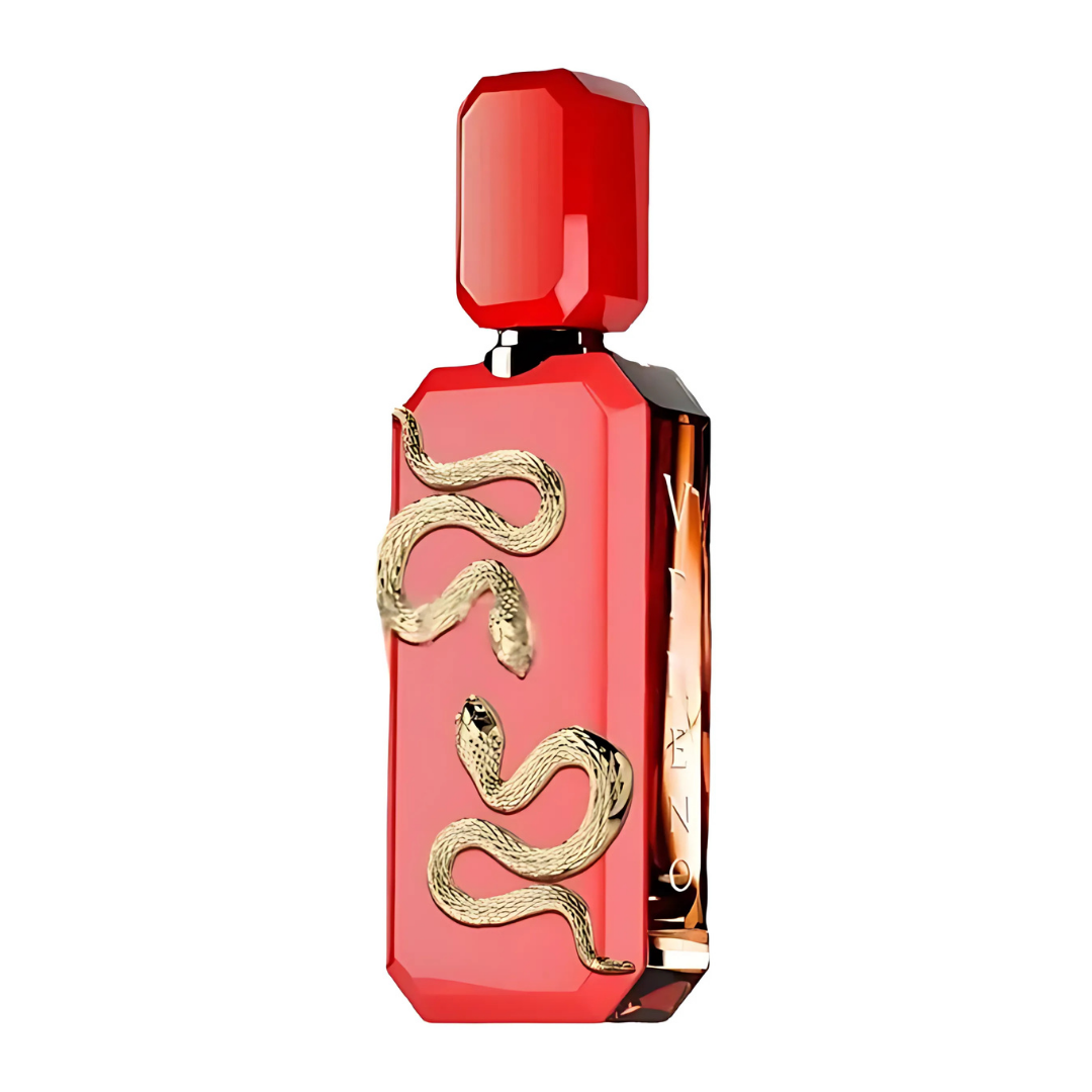 Perfume unisex con diseño exclusivo de serpiente dorada, eau de parfum de lujo en frasco rojo elegante.