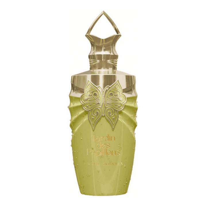 Perfume unisex Jardin des Papillons by Paris Corner, eau de parfum exclusivo en frasco verde con mariposa dorada elegante.