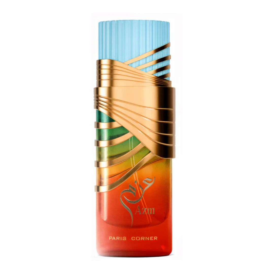 Perfume unisex de lujo Paris Corner Azm – fragancia exclusiva, intensa y duradera en frasco artístico multicolor con detalles dorados, ideal para quienes buscan elegancia y sofisticación.