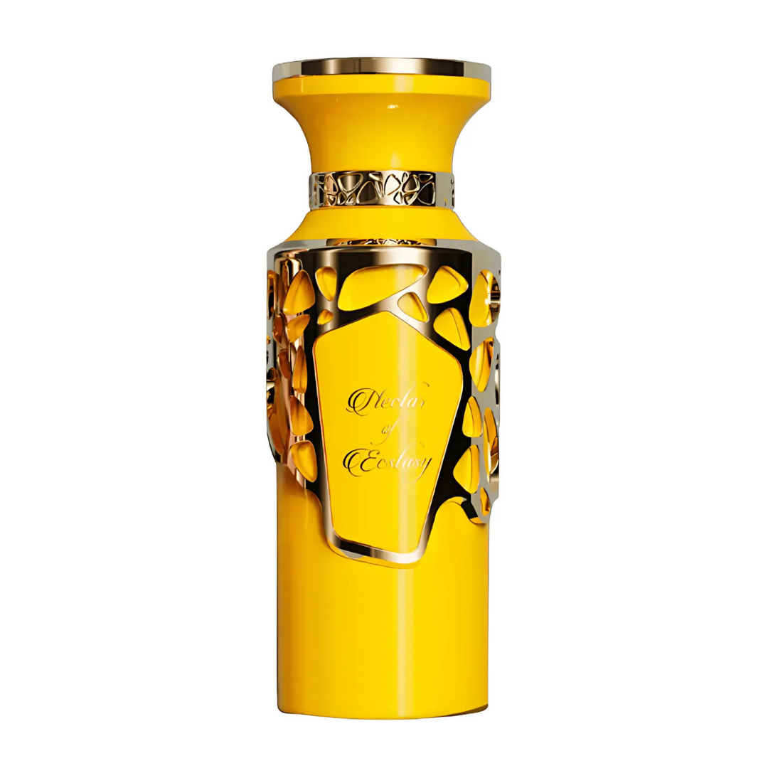 Perfume unisex de lujo Nectar of Ecstasy – fragancia exclusiva y duradera en frasco amarillo dorado con detalles elegantes, ideal para quienes buscan sofisticación y originalidad.