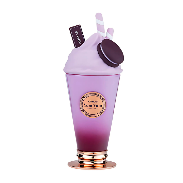 Perfume unisex Armaf Yum Yum – Eau de Parfum original en frasco morado con diseño de batido y detalles dulces, fragancia divertida, juvenil y sofisticada