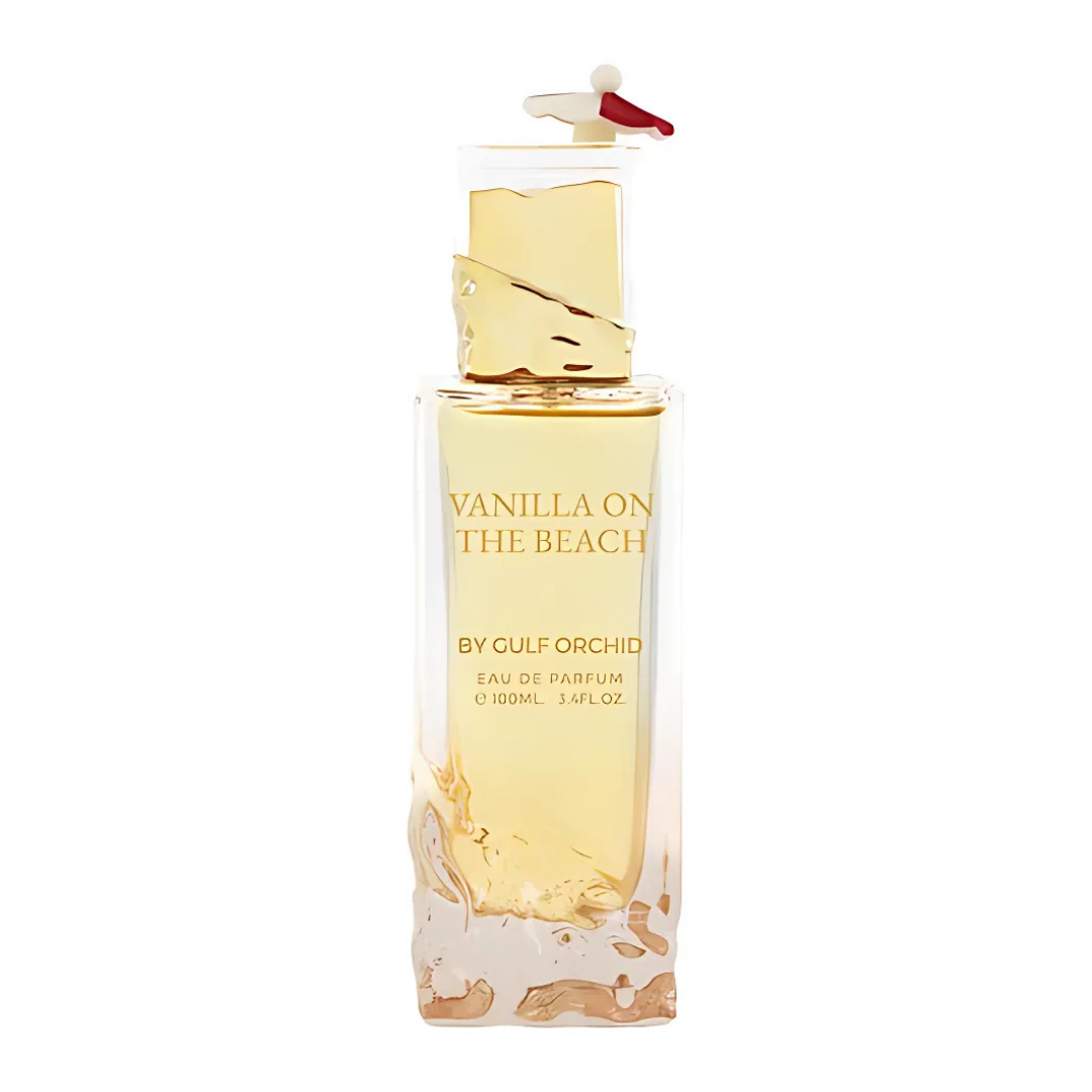 Perfume femenino Vanilla on the Beach by Gulf Orchid, eau de parfum premium en frasco dorado elegante inspirado en la vainilla
