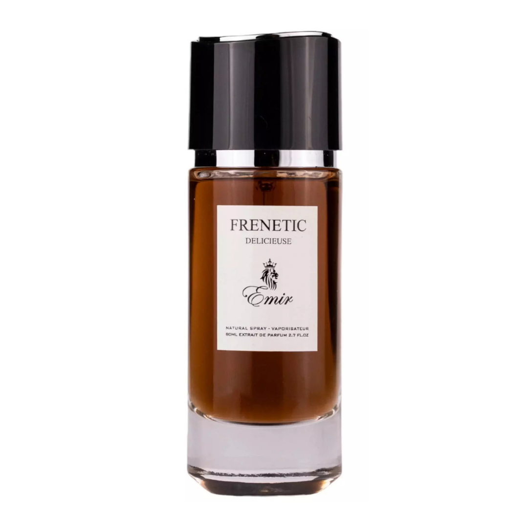 Perfume unisex Emir Frenetic Delicieuse – Extrait de Parfum elegante y sofisticado en frasco ámbar con tapa negra, fragancia intensa, cálida y gourmand.