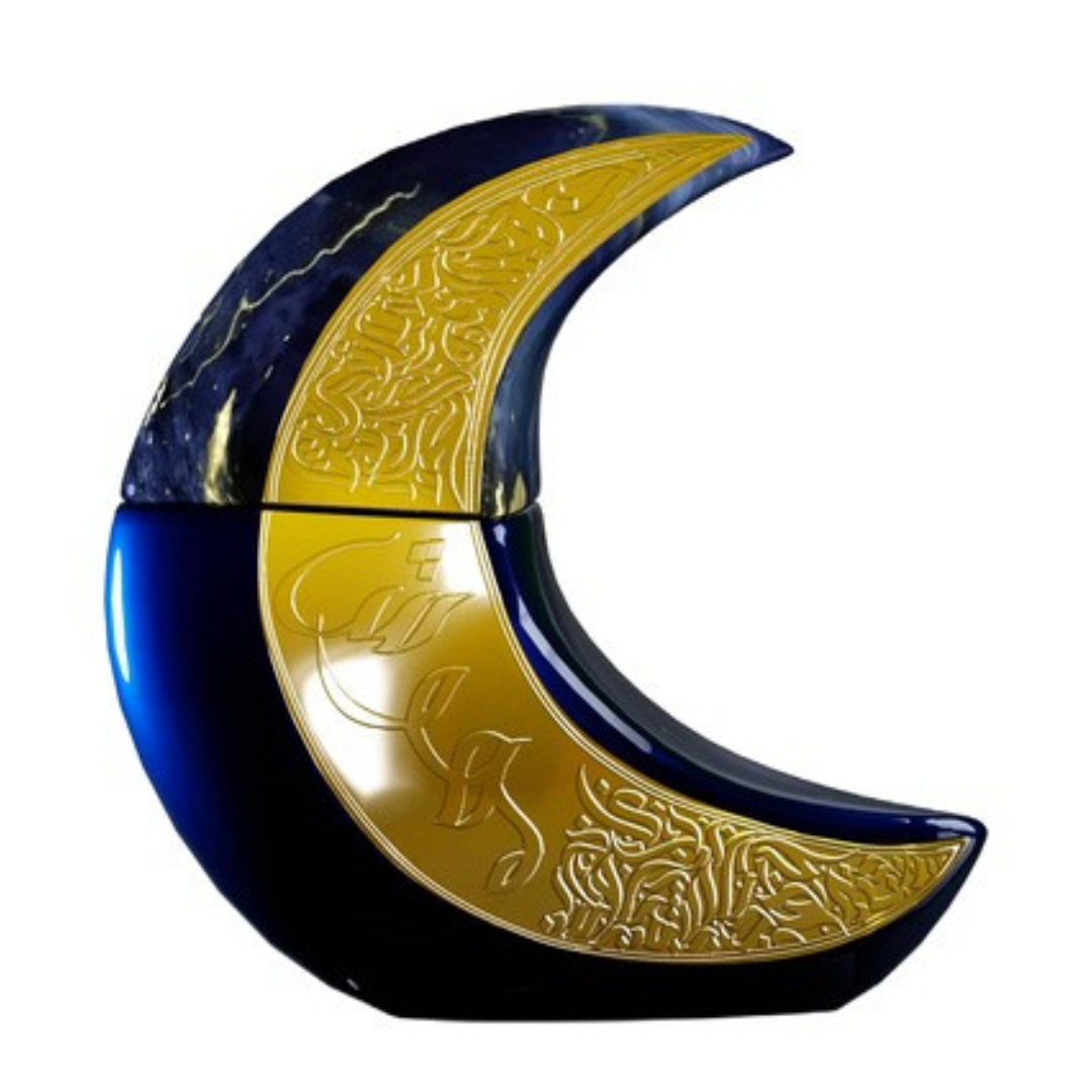 Perfume unisex Shaghaf Al Ward de Ard Al Zaafaran – Eau de Parfum oriental en frasco azul y dorado con forma de luna, fragancia elegante e intensa con notas amaderadas y florales.