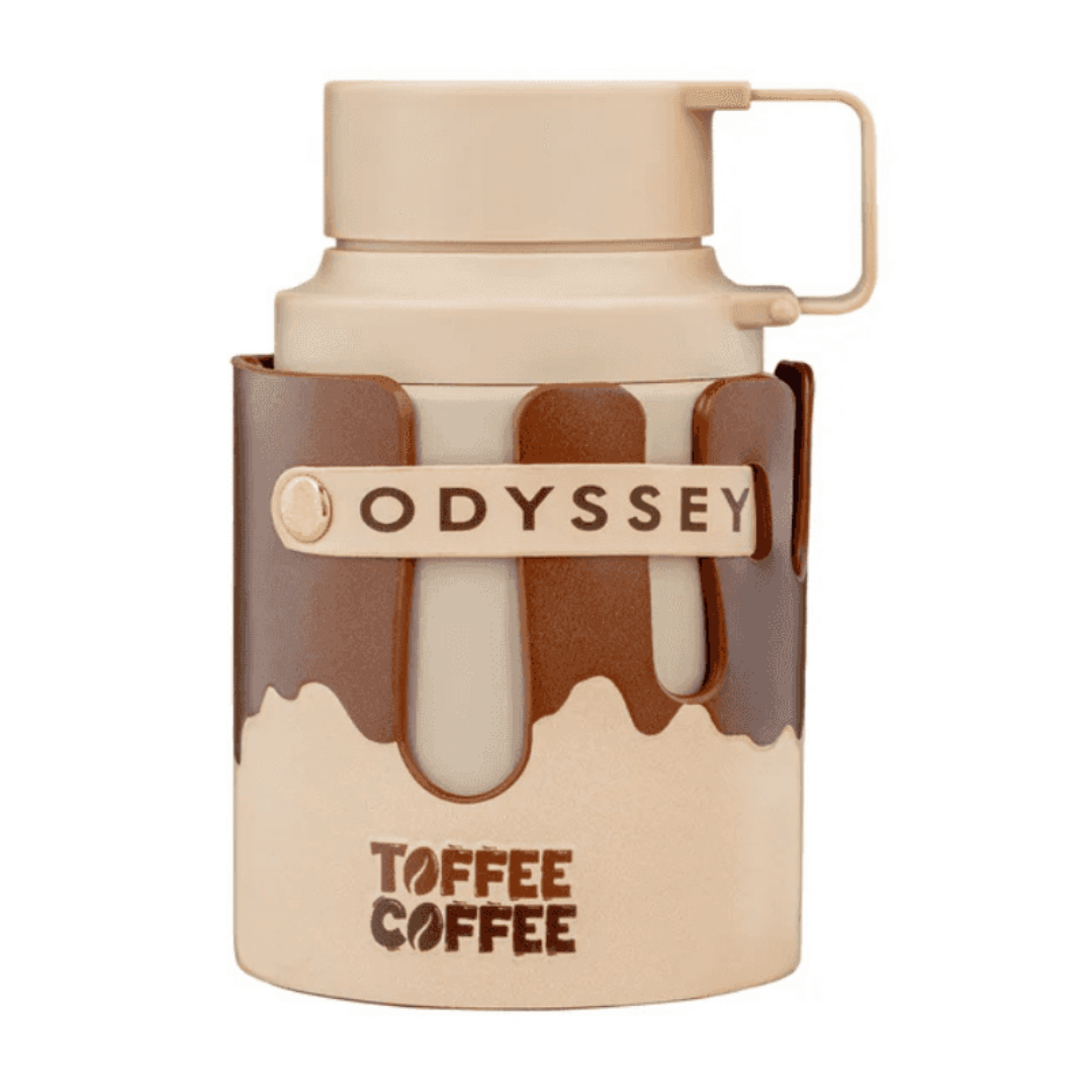 Perfume unisex Odyssey Toffee Coffee de Armaf – Eau de Parfum dulce y cremoso con notas de café y caramelo, en frasco beige con diseño inspirado en una taza de café artesanal