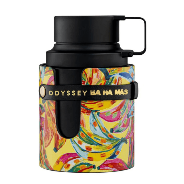 Perfume unisex Odyssey Bahamas de Armaf – Eau de Parfum tropical y exótico con notas frutales, coco y vainilla, en frasco colorido con diseño artístico inspirado en las islas del Caribe