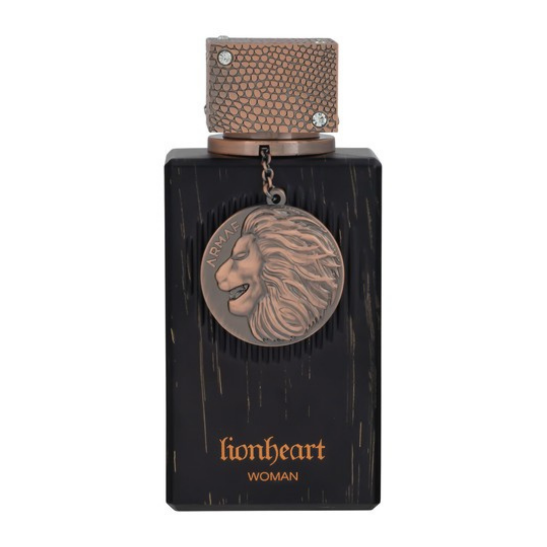 Perfume Lionheart Woman de Armaf – Eau de Parfum femenino elegante y poderoso con notas de ámbar, vainilla y flores orientales, presentado en frasco negro con medallón de león dorado.