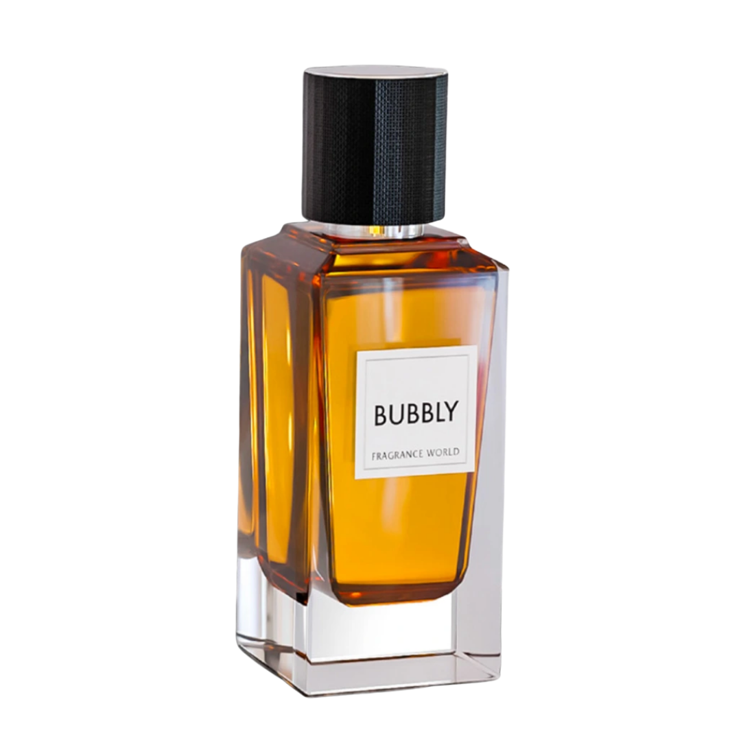 Perfume unisex Bubbly de Fragrance World – Eau de Parfum elegante con notas amaderadas, ámbar y toques dulces, presentado en frasco de vidrio ámbar con tapa negra