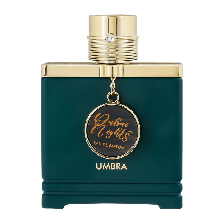 Perfume Dubai Nights Umbra Eau de Parfum – fragancia unisex elegante con notas orientales y amaderadas, en frasco verde oscuro con detalles dorados de lujo.