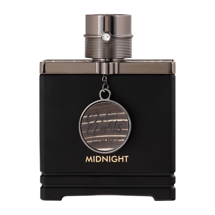 Perfume Dubai Nights Midnight Eau de Parfum – fragancia unisex intensa y seductora con notas orientales y amaderadas, en frasco negro mate con detalles metálicos de lujo