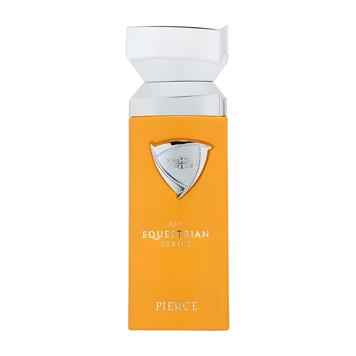 Perfume An Equestrian Series Pierce Eau de Parfum – fragancia unisex sofisticada con notas cítricas y amaderadas, en elegante frasco naranja con detalles plateados de lujo.