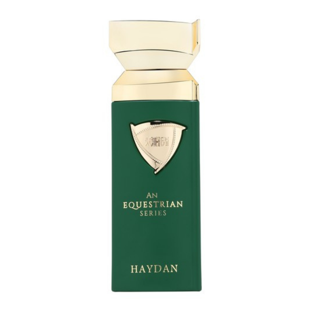 Perfume An Equestrian Series Haydan Eau de Parfum – fragancia unisex elegante e intensa con notas amaderadas y especiadas, en frasco verde con detalles dorados de lujo.