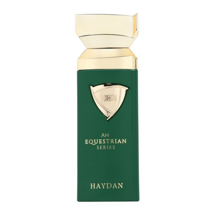 Perfume An Equestrian Series Haydan Eau de Parfum – fragancia unisex elegante e intensa con notas amaderadas y especiadas, en frasco verde con detalles dorados de lujo.