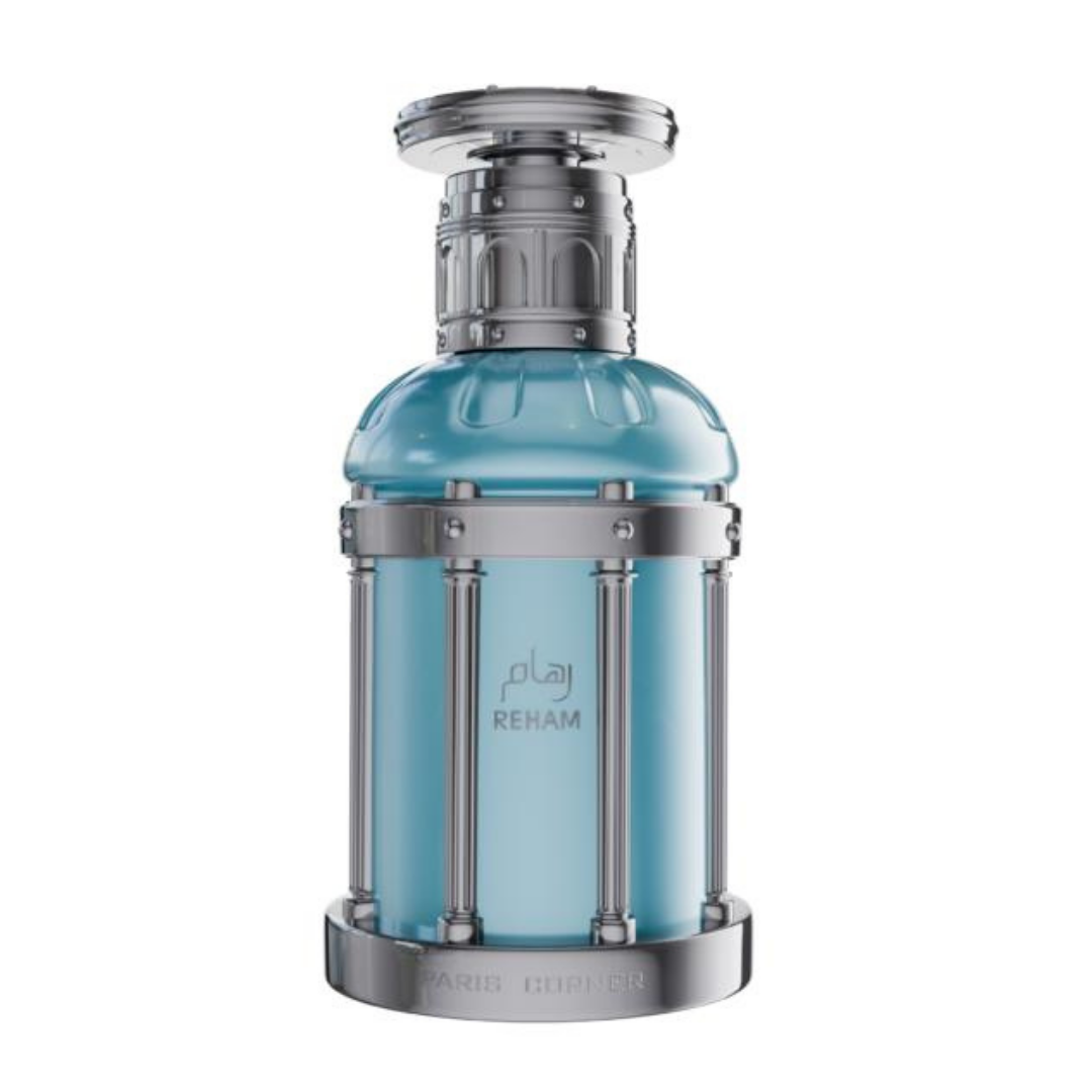 Perfume Reham Eau de Parfum Paris Corner – fragancia unisex fresca y elegante con notas acuáticas y amaderadas, en frasco azul metálico de diseño moderno