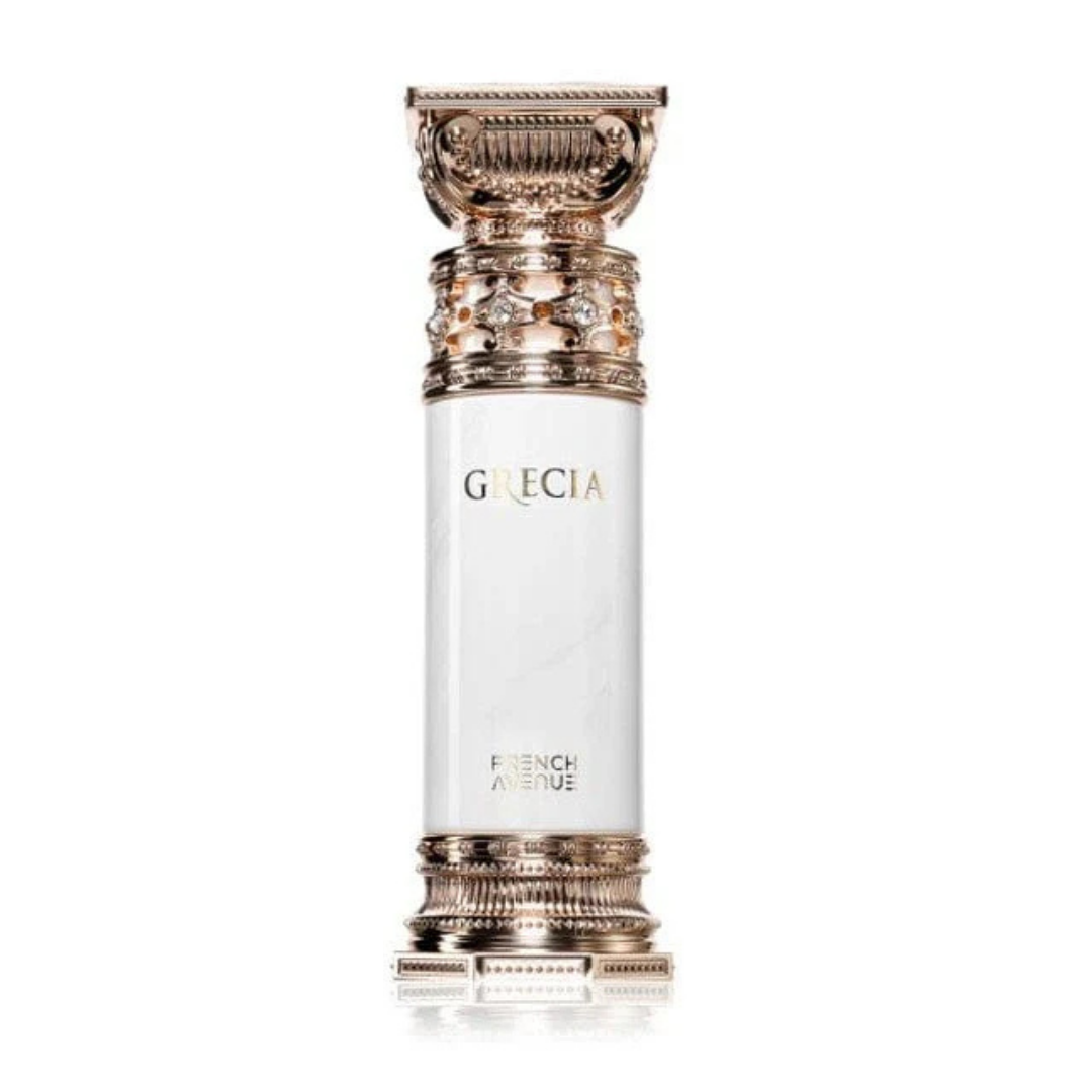 Perfume Grecia Eau de Parfum French Avenue – fragancia femenina elegante y sofisticada con notas florales y orientales, en frasco blanco con detalles dorados de inspiración clásica