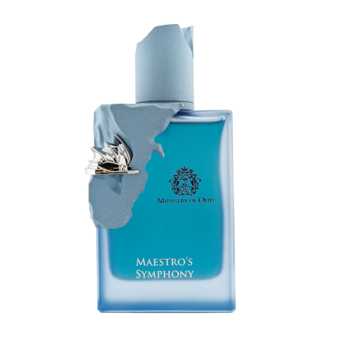 Perfume Maestro’s Symphony Eau de Parfum by Ministry of Oud — fragancia unisex fresca y elegante con notas marinas, cítricas y amaderadas, en frasco azul inspirado en el océano.