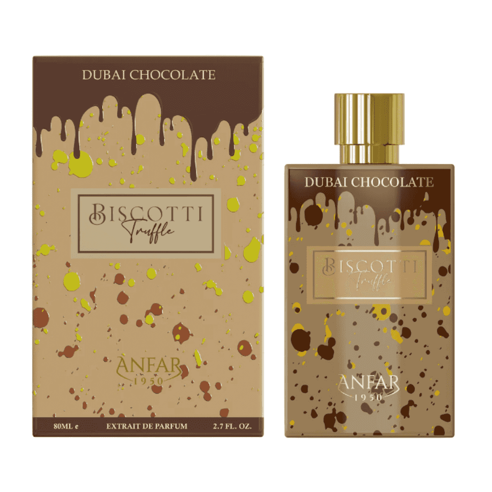 Set de perfume Dubai Chocolate Biscotti Truffle de Anfar 1950 mostrando el frasco de lujo y su caja decorativa de alta gama.
