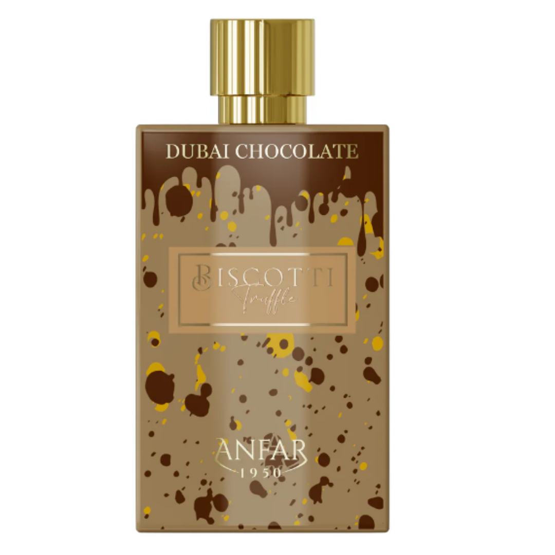 Perfume Anfar 1950 Dubai Chocolate Biscotti Truffle Extrait de Parfum 80ml, frasco elegante con diseño de chocolate fundido.