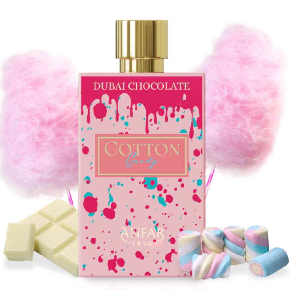 Perfume Dubai Chocolate Cotton Candy de Anfar con frasco rosa y notas dulces de fresa, algodón de azúcar y chocolate blanco