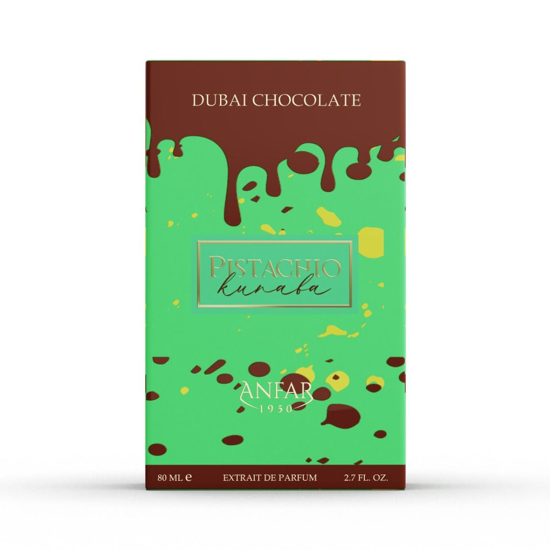 Caja del perfume Dubai Chocolate Pistachio Kunafa de Anfar en color verde con diseño decorativo sobre fondo claro