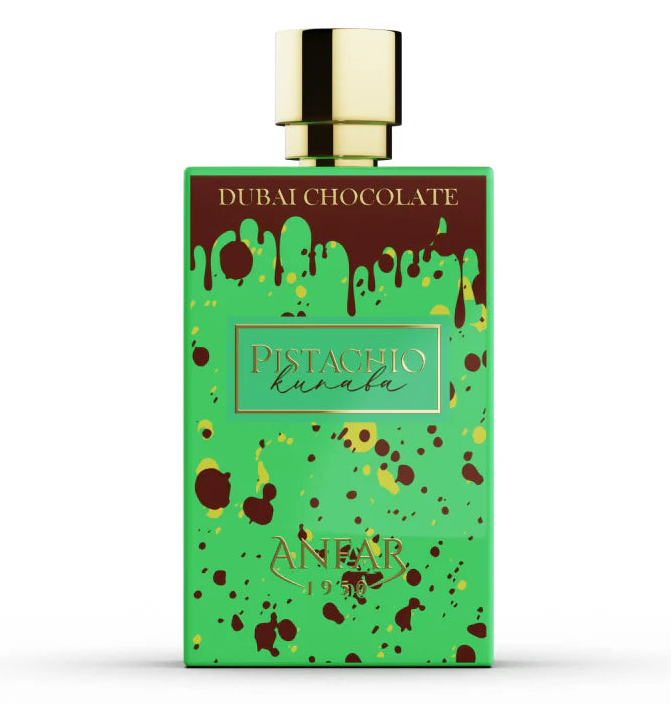 Frasco de perfume Dubai Chocolate Pistachio Kunafa de Anfar en color verde con tapón dorado sobre fondo blanco