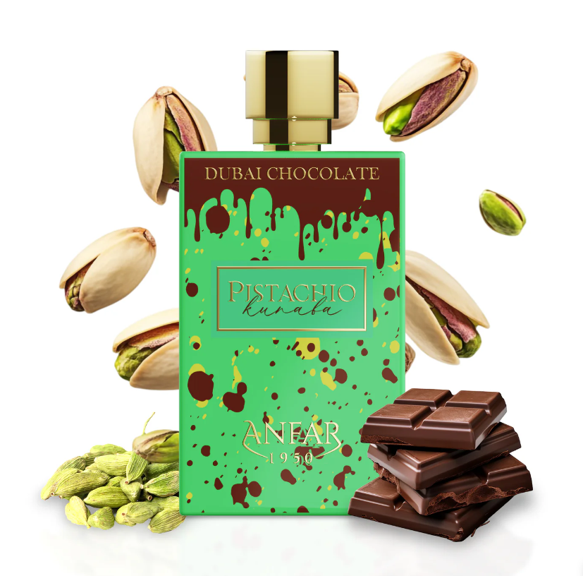 Perfume Dubai Chocolate Pistachio Kunafa de Anfar junto a pistachos y trozos de chocolate con fondo verde