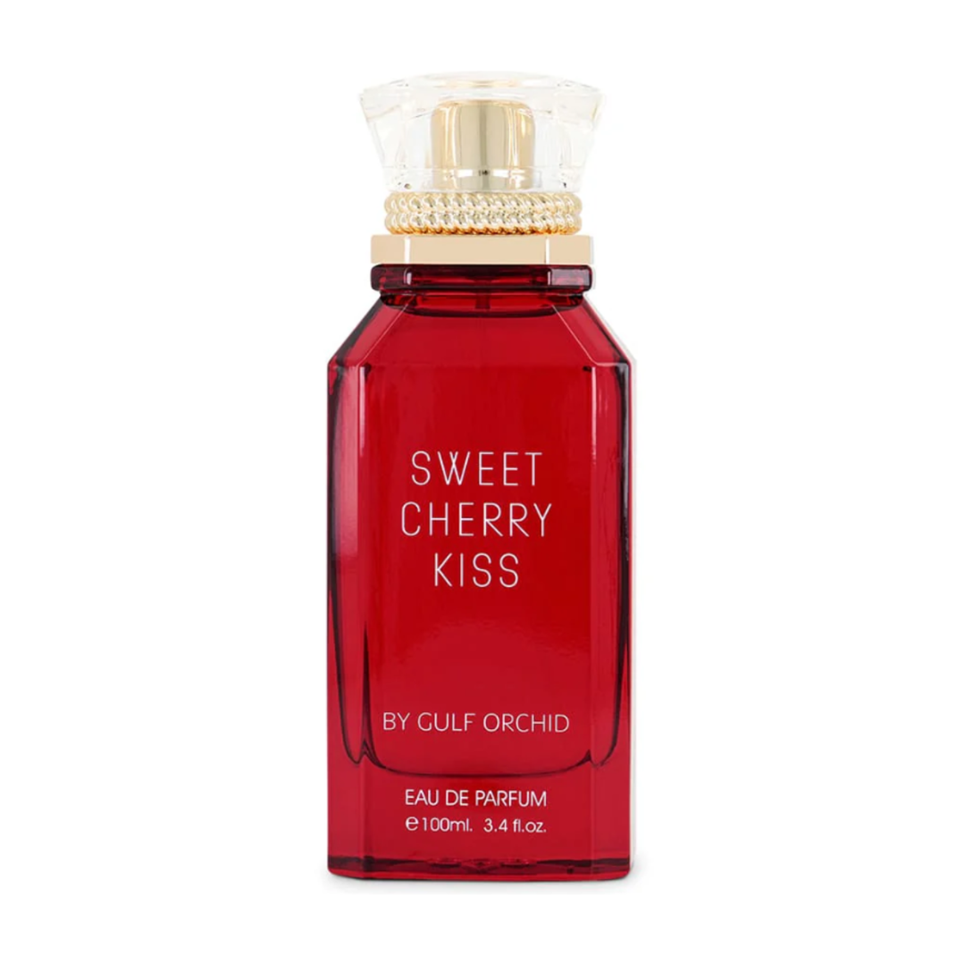 Frasco de perfume Gulf Orchid Sweet Cherry Kiss Eau de Parfum en color rojo intenso con diseño elegante y femenino