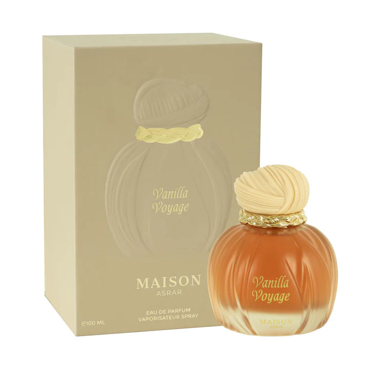 Caja y frasco del perfume Vanilla Voyage de Maison Asrar en tonos beige y ámbar con diseño elegante