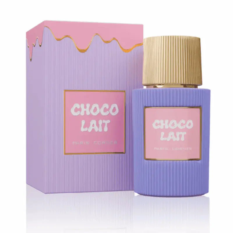 Paris Corner Choco Lait Eau de Parfum frasco con caja en tonos morado y rosa