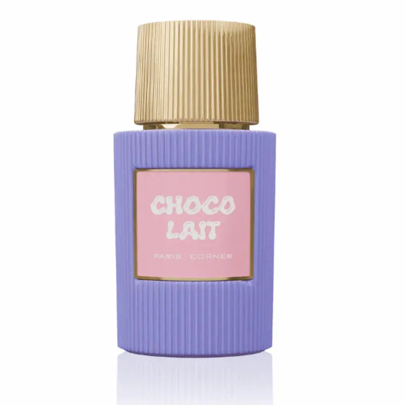 Paris Corner Choco Lait Eau de Parfum frasco morado con etiqueta rosa y tapón dorado