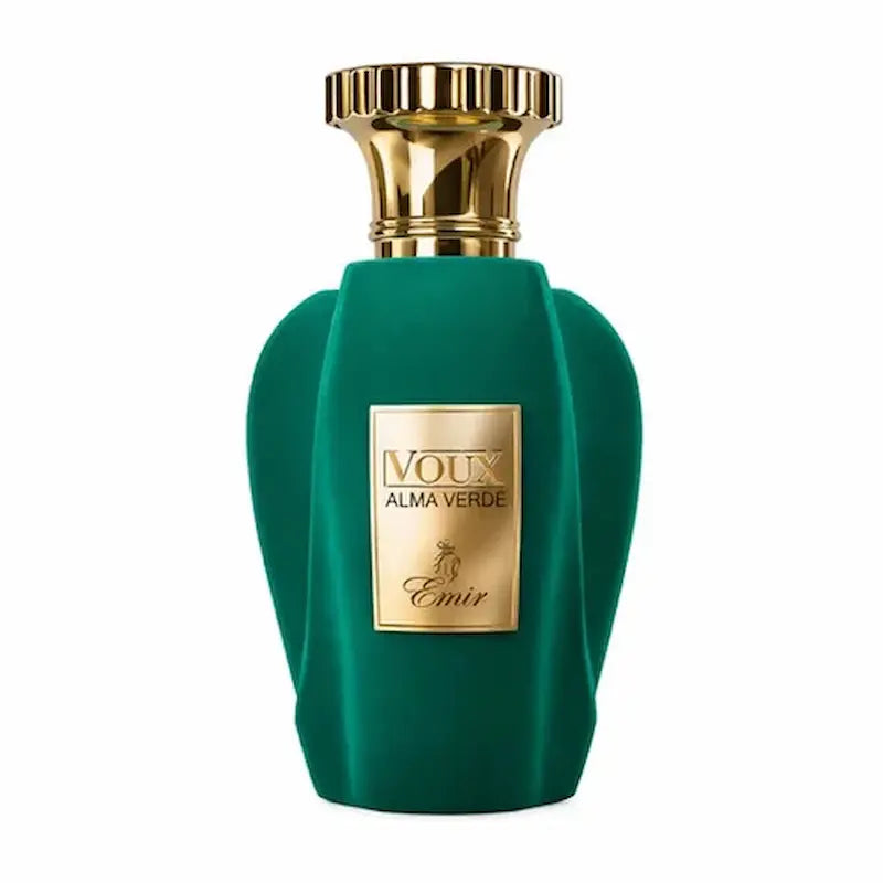 Frasco del perfume Emir Alma Verde de Paris Corner en color verde con placa dorada y tapón dorado sobre fondo blanco