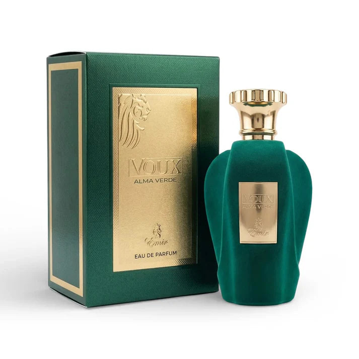 Caja y frasco del perfume Emir Alma Verde de Paris Corner en color verde con detalles dorados sobre fondo claro